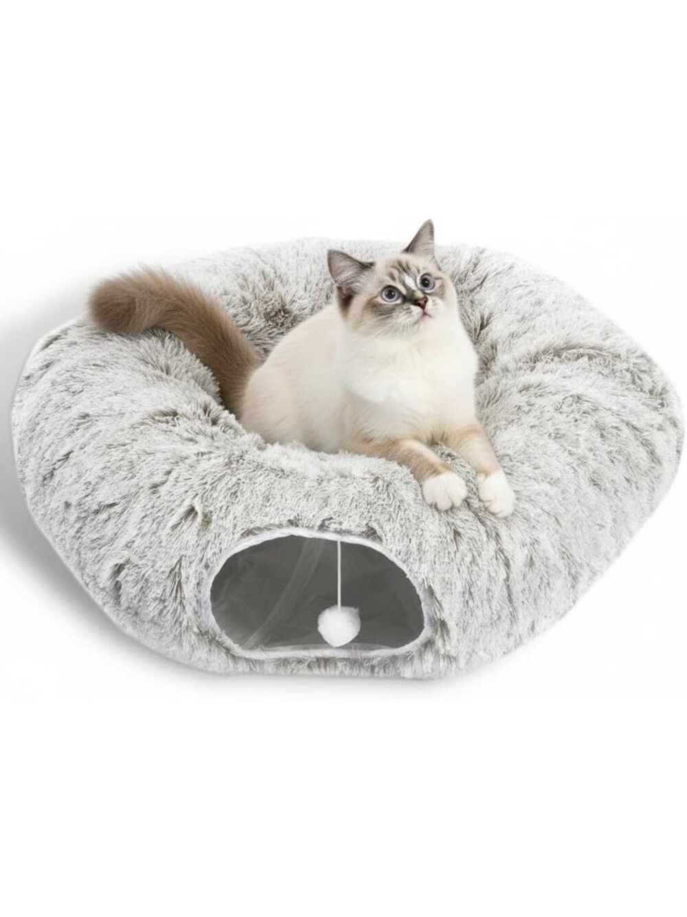 Cozy Plush Cat Tunnel Bed for Indoor Cats - 36" x 36" x 11.5", Soft Khaki Color